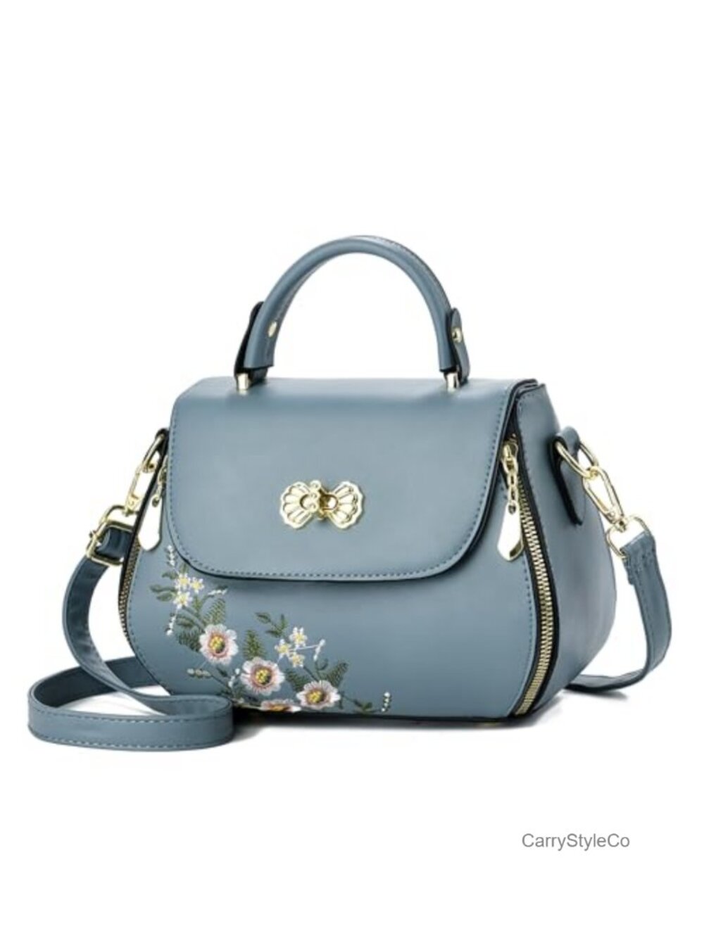 Embroidered Faux Leather Satchel Top Handle Crossbody Purse